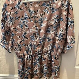 Sienna Sky Dusty Rose Floral V-Neck Peplum Blouse with Blue Flowers